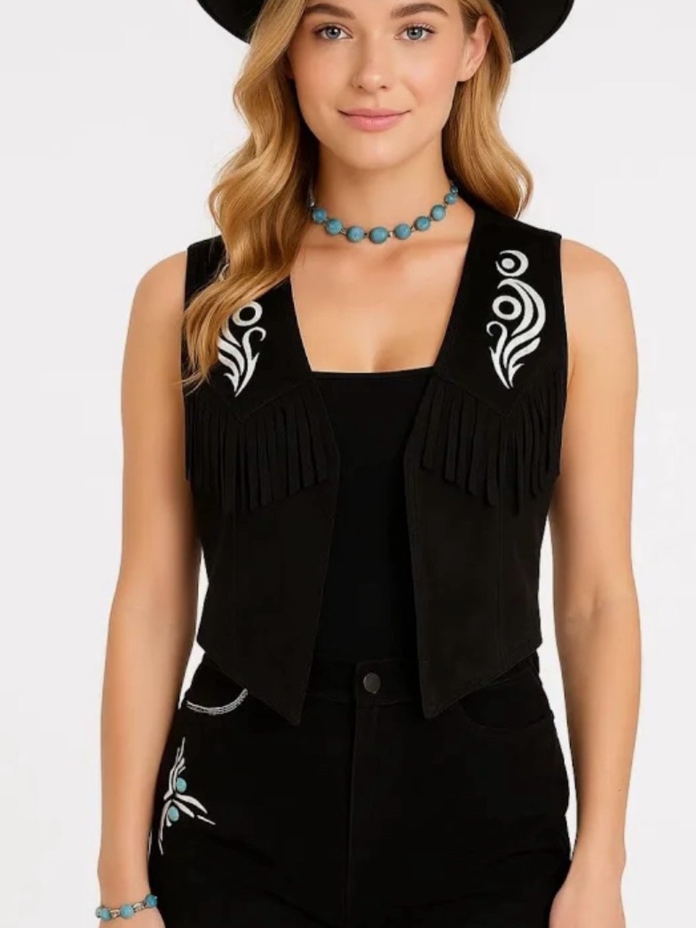 Black Fringe Western Vest with White Embroidery